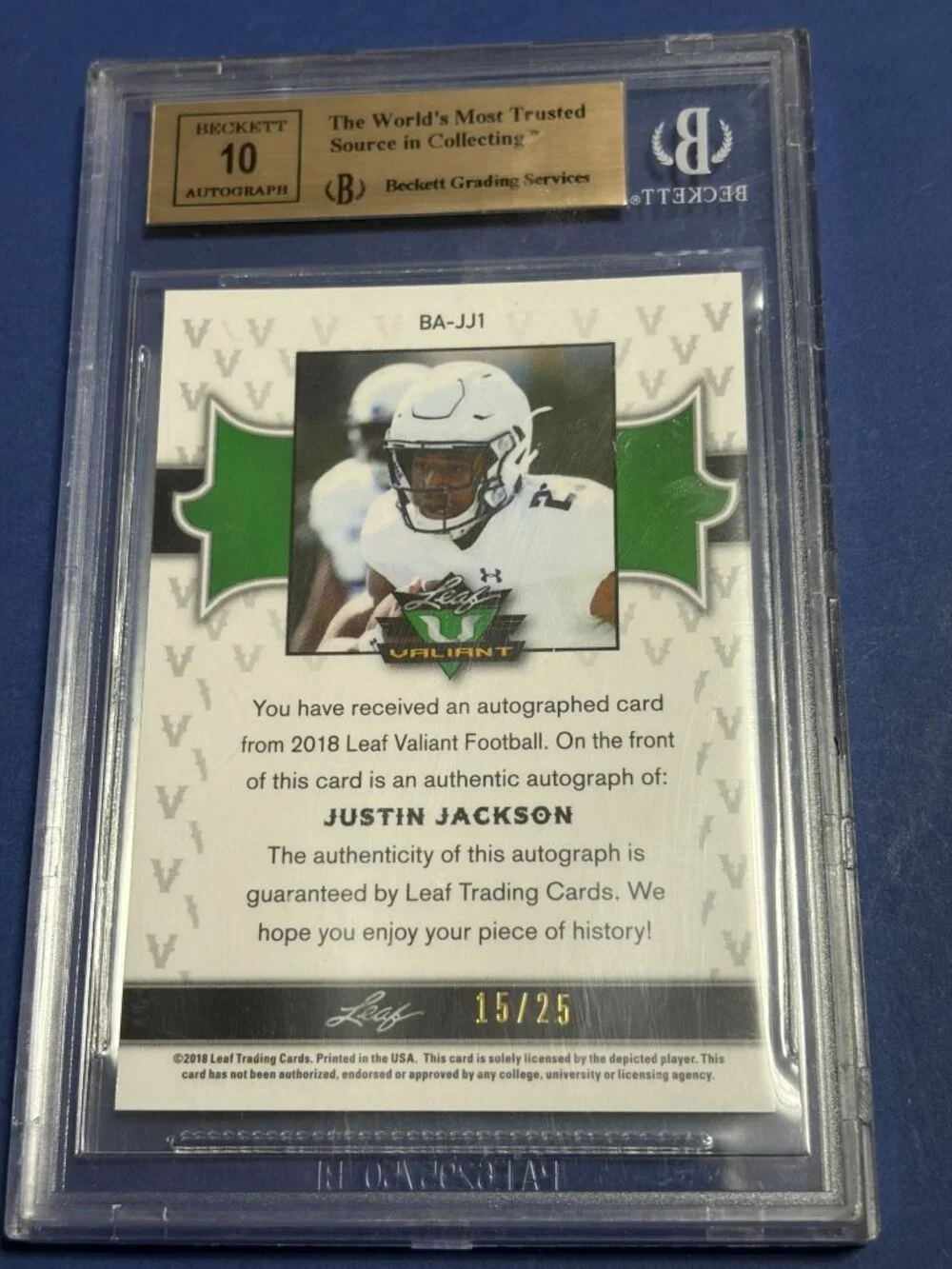 Justin Jackson 2018 Leaf Valiant Navy Parallel Auto #BAJJ1 BGS 9.5 #/25